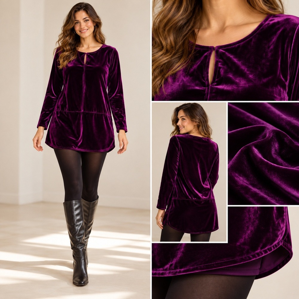 Lauren Ralph Lauren Velvet Tunic Women XL Purple Keyhole Neck Drop Waist Blouse